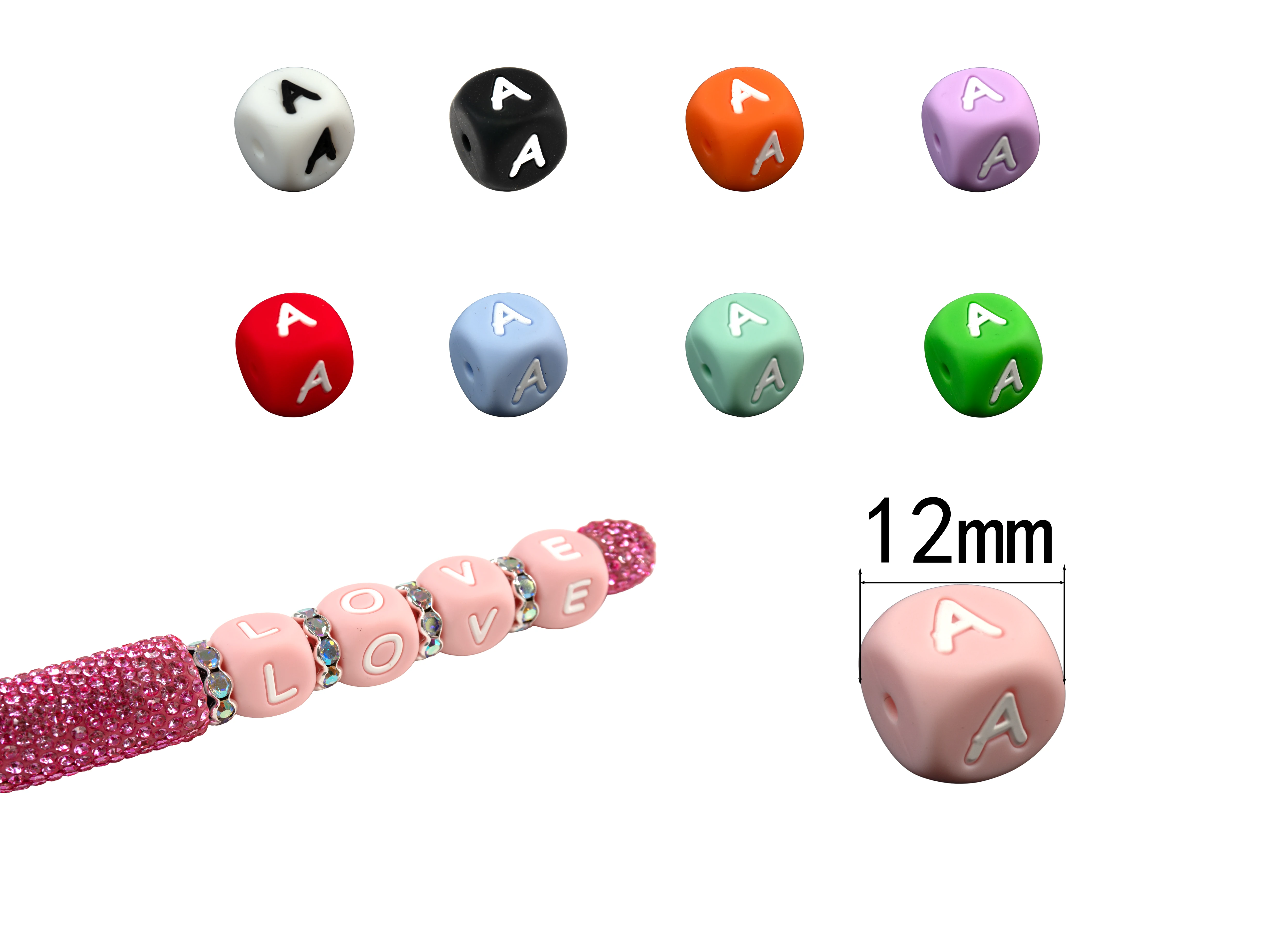 12mm Silicone Letter Cube Beads for Beadable Pens